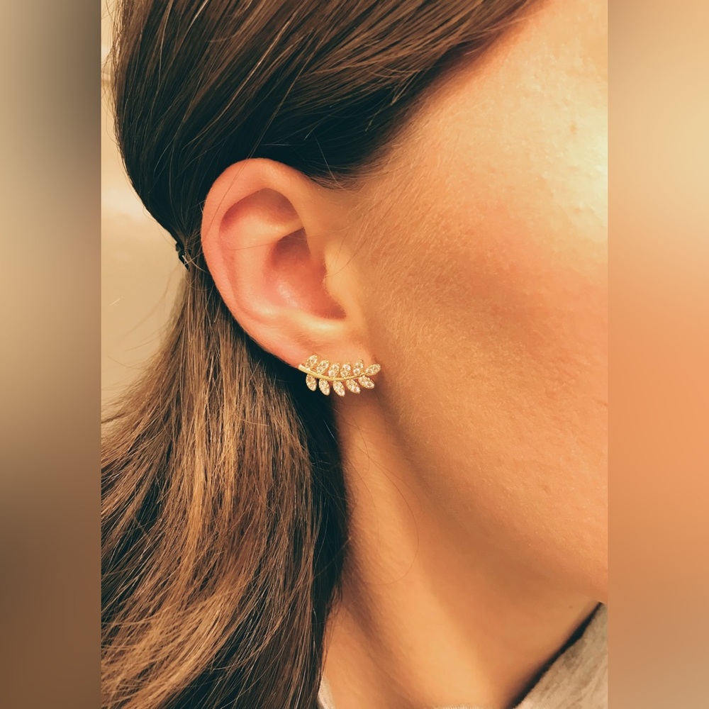 Gold crawling leaf earrings with cubic zirconia